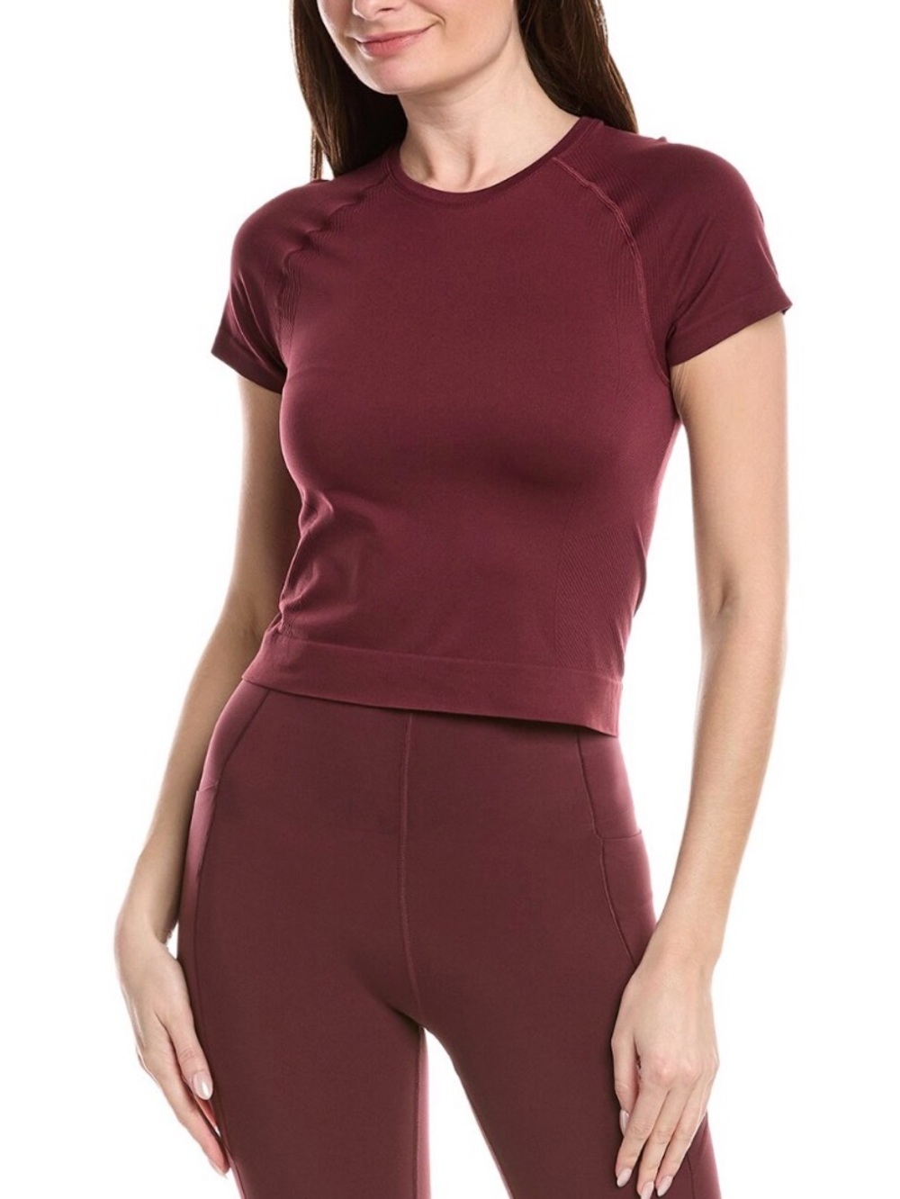 Sweaty Betty Seamless Cropped Tee Shirt
Size Large
Garnet Red 
New with Tag